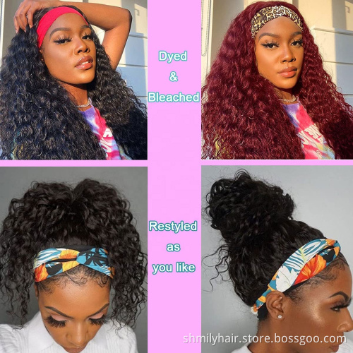 Shmily Factory Wholesale Deep Wave Headband Human Hair Wigs For Black Women Brazilian Hair Glueless Remy Curly Human Hair Wigs